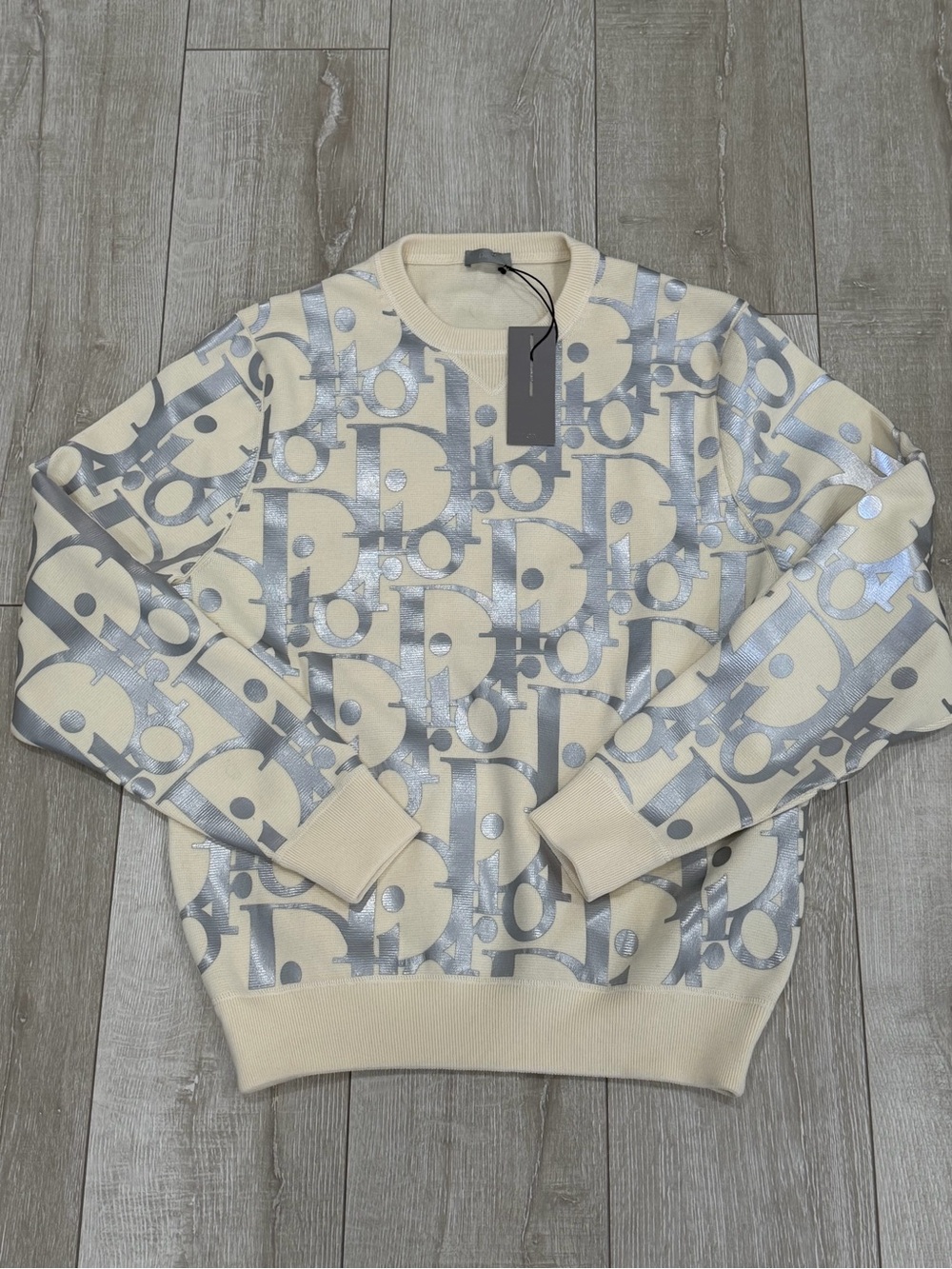 Men L Dior Oblique Cream Crewneck pullover sweater with Metallic Logo